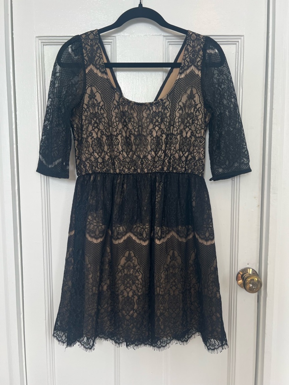 MM Couture | Black Lace Overlay Dress with Nude Lining